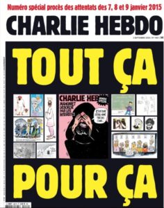 Copertina del giornale usato dall'insegnante ucciso. Charlie Hebdo